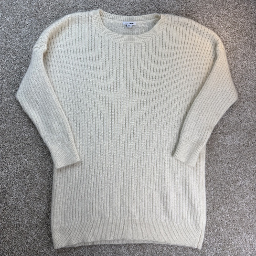 Fashion Nova Sweater Womens XL White Ribbed Knit Crew Dolman Long Pullover